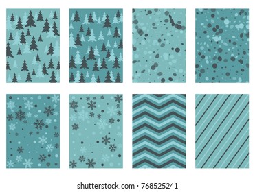 Winter poster backgrounds with fir tree forest, circle and snowflakes isolated confetti explosion, halftone stripes. Flyer, banner, poster, card backgrounds, winter elements in blue, turquoise, grey.