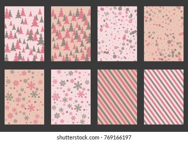 Winter poster backgrounds with fir tree forest, circle and snowflakes isolated confetti explosion, halftone stripes. Flyer, banner, poster, card backgrounds, winter elements in pink and grey.