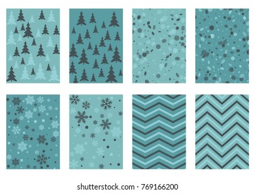 Winter poster backgrounds with fir tree forest, circle and snowflakes isolated confetti explosion, halftone stripes. Flyer, banner, poster, card backgrounds, winter elements in blue, turquoise, grey.