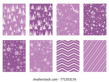 Winter poster backgrounds with fir tree forest, circle and snowflakes isolated confetti explosion, halftone stripes. Flyer, banner, poster, card backgrounds, winter elements in violet color.