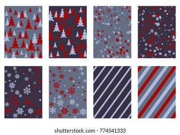 Winter poster backgrounds with fir tree forest, circle and snowflakes isolated confetti explosion, halftone stripes. Flyer, banner, poster, card backgrounds, winter elements in cherry and grey.