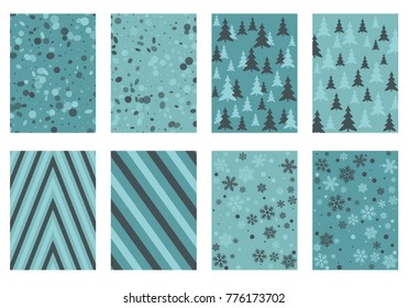 Winter poster backgrounds with fir tree forest, circle and snowflakes isolated confetti explosion, halftone stripes. Flyer, banner, poster, card backgrounds, winter elements in blue, turquoise, grey.