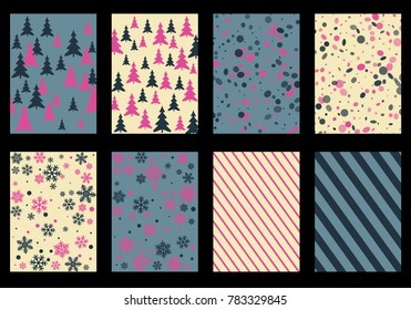 Winter poster backgrounds with fir tree forest, circle and snowflakes isolated confetti explosion, halftone stripes. Flyer, banner, poster, card backgrounds, winter elements in blue, pink, magenta.
