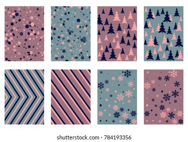Winter poster backgrounds with fir tree forest, circle and snowflakes isolated confetti explosion, halftone stripes. Flyer, banner, poster, card backgrounds, winter elements in blue and pink.