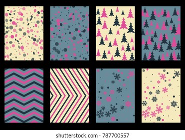 Winter poster backgrounds with fir tree forest, circle and snowflakes isolated confetti explosion, halftone stripes. Flyer, banner, poster, card backgrounds, winter elements in blue, pink, magenta.