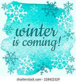 Winter poster with blue watercolor background and snowflakes, EPS10 vector illustration