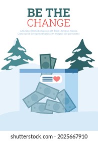 Winter poster with box for christmas donations full of money. Concept of holiday donate and charity for new year presents to needy people. Colorful flat cartoon vector illustration