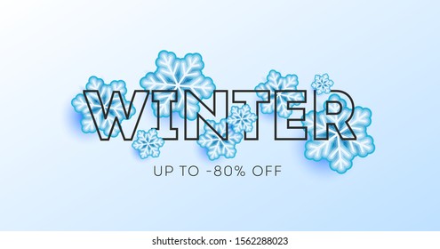 Diseño de afiches de invierno con gran tipografía y copos de nieve entre letras, moderno afiche publicitario de venta