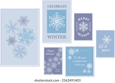 Winter poster design. Wall art composition. Abstract picture set with white and blue illustration. Interior decoration. Christmas collection with snowflakes. Holiday gallery of collage artwork.