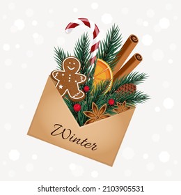Winter poster with an envelope, gingerbread, sweet, fir branches and the lettering "Winter". Vector illustration.
