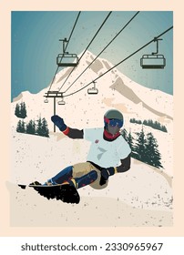 Winter poster. An experienced snowboarder descends from a downhill mountain. Sports descent on a snowboard from the mountain. Vector illustration.