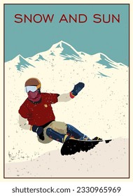 Winter poster. An experienced snowboarder descends from a downhill mountain. Sports descent on a snowboard from the mountain. Vector illustration.