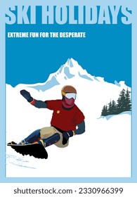 Winter poster. An experienced snowboarder descends from a downhill mountain. Sports descent on a snowboard from the mountain. Vector illustration.