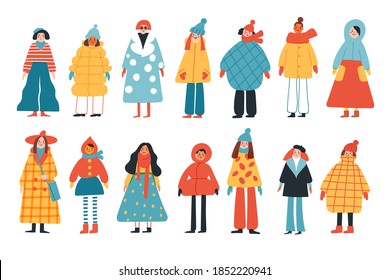 Afiche de invierno con personajes femeninos vestidos con diferentes ropas de estilo moderno. Personajes femeninos de estilo dibujado a mano. Caracteres y estilos diferentes. 