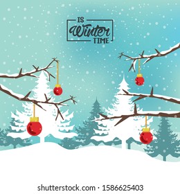 winter poster with forest scene and balls hanging vector illustration design