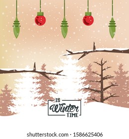 winter poster with forest scene and balls hanging vector illustration design