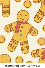 Winter poster with gingerbread man and cookies. Vector christmas pattern with cute biscuits.