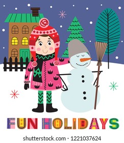 winter poster with girl and snowman  - vector illustration, eps