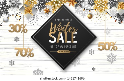 Winter poster with golden Christmas snowflakes and presents. Winter big sale poster. Wiinter background