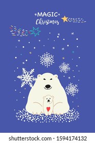Winter poster, greeting card with cute polar bear, snowflakes, stars and wishes. Vector illustration.