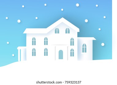 Winter poster with house with lots of windows and entrance, snowy weather and building, snowflakes falling heavily, placard vector illustration