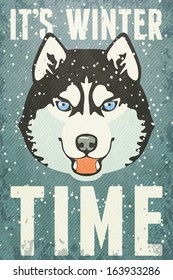 Winter Poster with Husky. Vector illustration, eps10.