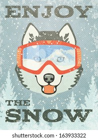 Winter Poster with Husky. Vector illustration, eps10.