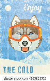 Winter Poster with Husky. Vector illustration, eps10.