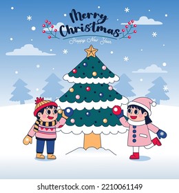 Winter Poster Illustration With Kids And Christmas Tree