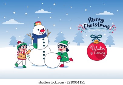 Winter Poster Illustration With Kids And Snowman