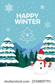 Winter poster image with snowman in snow covered forest
