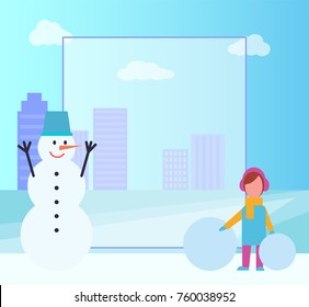 Winter poster including filling form and snowman standing with girl beside it, silhouette and snowballs, city and clouds on vector illustration