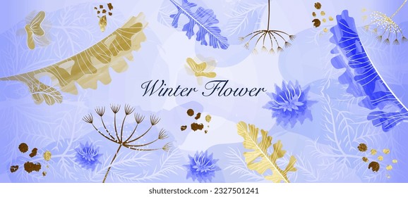 Winter poster with leaves. Watercolor frozen plants. Colorful poster with hoarfrost, frozen flowers and text template. Wallpaper design with gold and blue pattern. Cartoon flat vector illustration