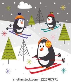 winter poster with penguins skiing - vector illustration, eps
