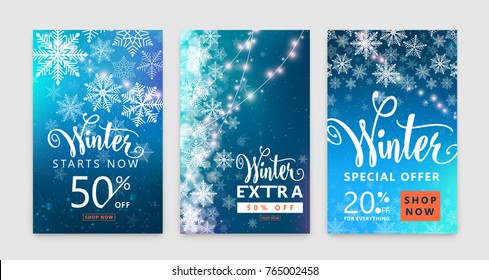 Winter poster set. Colorful sale background design with christmas snow and snowflake, garland, season type lettering text sign 50 percent, 20 Off. Advertising offer. Vector illustration