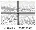 Winter poster set or signs. Snow backdrops or winter background collection. A collection of four illustrations featuring snowy mountain landscapes, perfect for evoking a sense of winter adventure