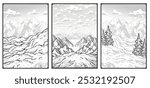 Winter poster set or signs. Snow backdrops or winter background collection. A collection of three posters is showing stunning snowy mountain landscapes with clouds and forests