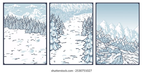 Winter poster set or signs. Snow backdrops or winter background collection. A collection of three illustrations featuring snowy landscapes, perfect for evoking a sense of winter adventure
