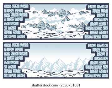 Cartaz de inverno ou sinais. Cenários de neve ou coleção de fundo de inverno. A paisagem de montanha nevada é reveladora através de um buraco em uma parede de tijolos