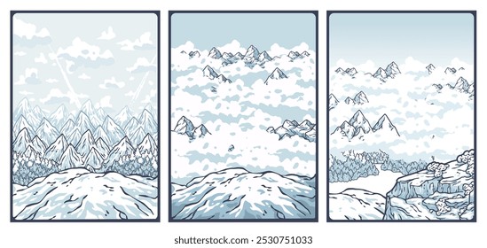 Winter poster set or signs. Snow backdrops or winter background collection. A collection of three posters is showing stunning snowy mountain landscapes with clouds and forests