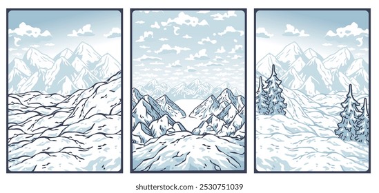 Winter poster set or signs. Snow backdrops or winter background collection. A collection of three posters is showing stunning snowy mountain landscapes with clouds and forests