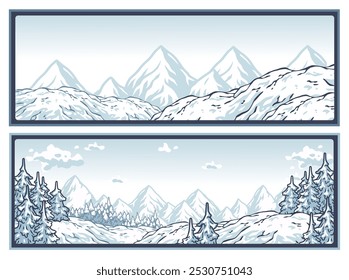 Conjunto de carteles de invierno o signos. Fondos de nieve o colección de fondo invernal. Dos Anuncios Horizontales que representan un hermoso paisaje invernal con montañas nevadas y pinos