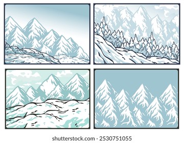 Winter poster set or signs. Snow backdrops or winter background collection. A collection of four illustrations featuring snowy mountain landscapes, perfect for evoking a sense of winter adventure