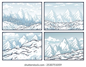 Winter poster set or signs. Snow backdrops or winter background collection. A collection of four illustrations featuring snowy mountain landscapes, perfect for evoking a sense of winter adventure