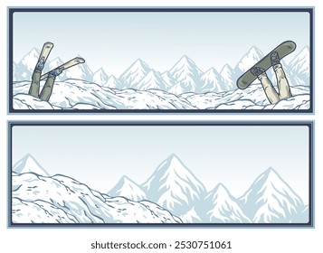 Winter poster set or signs. Snow backdrops or winter background collection. A collection of winter sports horizontal banner illustrations featuring skiers and snowboarders buried in the snow