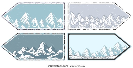 Winter poster set or signs. Snow backdrops or winter background collection. A collection of four winter mountain landscapes featuring snow capped peaks in vintage style with grunge textures
