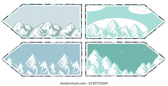 Winter poster set or signs. Snow backdrops or winter background collection. A collection of four winter mountain landscapes featuring snow capped peaks in vintage style with grunge textures