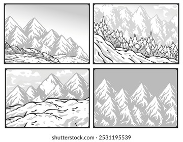 Winter poster set or signs. Snow backdrops or winter background collection. A collection of four illustrations featuring snowy mountain landscapes, perfect for evoking a sense of winter adventure