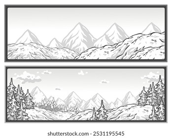 Conjunto de carteles de invierno o signos. Fondos de nieve o colección de fondo invernal. Dos Anuncios Horizontales que representan un hermoso paisaje invernal con montañas nevadas y pinos