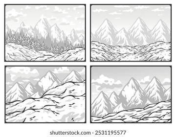 Conjunto de carteles de invierno o signos. Fondos de nieve o colección de fondo invernal. Una colección de cuatro ilustraciones con paisajes montañosos nevados, perfectos para evocar una sensación de aventura invernal